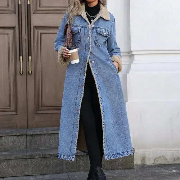 Blue Casual Women's Trendy Fleece-Lined Long Denim Jacket - Picture 5 of 7